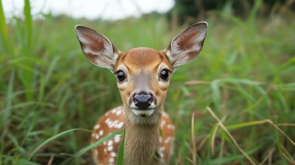 Poster - A fawn stands amidst tall green grass, its speckled coat blending with the natural surroundings. The deer's gaze is soft and curious, set against a lush, verdant backdrop of foliage, capturing a