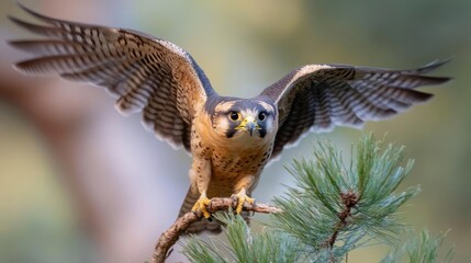 Poster - Dramatic portrait of a Peregrine Falcon perched on a pine branch, wings spread and illuminated by soft light. The falcon is beige and brown, with a sharp beak and yellow feet. The background shows a