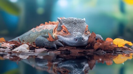 Poster - Captivating close up shot of a spiny lizard, its speckled skin reflecting in a still pool surrounded by colorful autumn leaves. The shallow depth of field and soft lighting enhance the reptile's