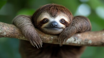 Poster - Close-up shot of a brown sloth perched on a tree branch, resting its head on its paws. The background is a soft, out-of-focus green, highlighting the animal's fur texture and facial details in