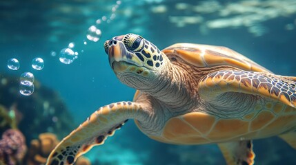 Aufkleber - A close-up, low-angle shot of a sea turtle swimming underwater. The turtle has a patterned shell with yellow and black spots, and the surrounding water is clear and turquoise. Bubbles float near the