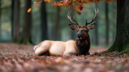 Aufkleber - A majestic elk rests comfortably at the base of a tree, surrounded by a carpet of fallen autumn leaves in a serene forest setting. The elk's antlers are prominently displayed against a backdrop of