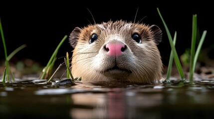 Poster - Close up eye-level shot of an otter emerging from the water with a pink nose and surrounded by green foliage against a dark background. The water is rippled with light reflections creating a serene