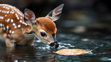Poster - Close up shot of a spotted fawn standing in water, curiously looking at a wet brown leaf. The animal is centered and the background is a blurred mix of dark hues, emphasizing the fawn's delicate
