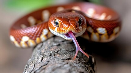 Aufkleber - A vibrant close up shot of a red corn snake on a textured branch, showcasing its detailed scales and forked tongue against a blurred background, emphasizing the snake's vivid colors and patterns