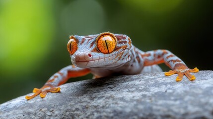 Leinwandbilder - Close-up of a gecko with vibrant orange eyes and blue-grey patterned skin perched on a textured gray rock. The reptile faces forward against a blurred green background, showcasing its detailed