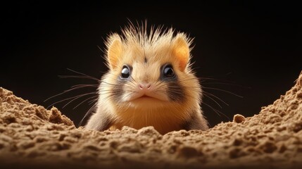 Poster - Close-up of a golden brown dormouse peering from a hole in dirt, with large, rounded ears and dark eyes against a black background. The animal's fur is detailed, highlighting its small size and