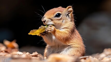 Poster - Close up portrait of a small reddish brown squirrel, its fur detailed and catching the sunlight, eating a leaf, the background is blurred, focusing on the squirrel's activity, amidst scattered leaves