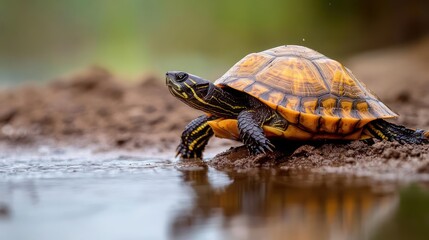 Poster - Close up view of a turtle with an orange and black shell walking on the muddy bank of a pool, with reflections in the water. The background is blurred, showcasing the turtle as the central focus of