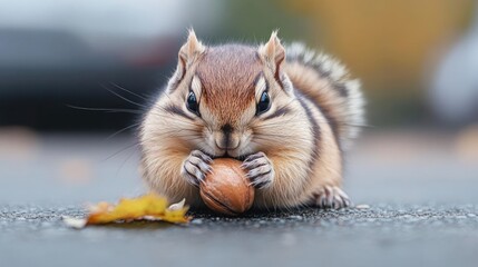 Aufkleber - Close-up of a cute chipmunk eating a nut. The chipmunk is positioned in the center, holding the nut with its paws. Soft bokeh background, creating a shallow depth of field that emphasizes the