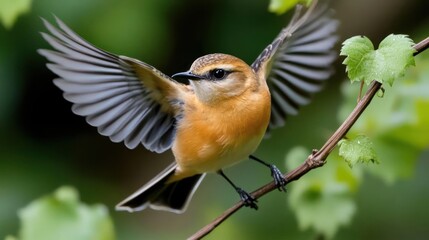 Poster - A small, vibrant brown bird with wings outstretched is perched on a slender branch adorned with fresh green leaves. The bird is the clear focal point, set against a soft, blurred background