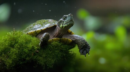 Poster - Close-up showcasing a turtle perched on vibrant green moss, set against a bokeh green background. The reptile's textured shell and detailed features are highlighted in natural light, creating a focus