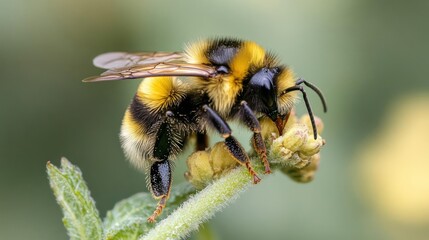 Poster - Close up of a bumble bee perched on a green stem with a blurred green and yellow background. The bee has black and yellow stripes and appears to be collecting pollen