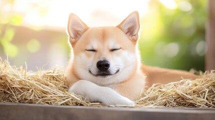 Poster - Close up of a Shiba Inu dog resting comfortably in a bed of straw. The dog's eyes are closed, and a gentle smile graces its face. The straw is golden brown, creating a cozy and serene atmosphere