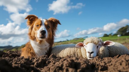 Fototapete - A medium shot depicts a brown and white dog alongside a sheep, both partially submerged in brown soil, against a backdrop of a blue sky dotted with white clouds. The dog gazes directly at the viewer
