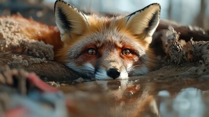 Poster - A striking close-up shows a red fox partially submerged in water, its reflection visible, with sand and natural debris surrounding it. The image highlights the fox's face, covered in droplets, under