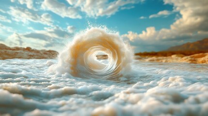 Aufkleber - A circular formation of water stands in the center of a river, with shores and mountains visible in the background under a sky filled with soft clouds and a gentle blue hue