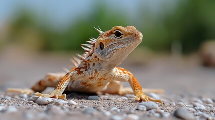 Leinwandbilder - Close-up shot of a spiny lizard with orange and white patterned skin standing on a gravelly surface against a blurred natural background. The lizard has prominent spines and small eyes, captured in a
