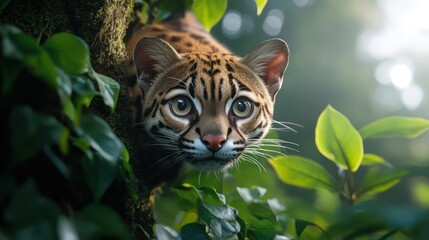 Aufkleber - A close-up shot of an ocelot peering out from a tree filled with green leaves, with soft lighting enhancing its spotted fur and expressive eyes, set against a lush, natural background