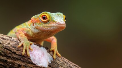 Poster - A close-up shot reveals a lizard with a striking red head and neck, speckled with green, perched on a textured tree branch against a blurred green backdrop, capturing the reptile's unique coloration