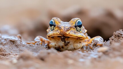 Poster - Macro shot of a frog emerging from a burrow in reddish brown soil, with a focused, shallow depth of field highlighting the frog's textured skin and distinctive facial features. The lighting