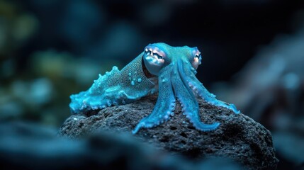 Poster - Underwater close-up shot of a bright blue cuttlefish perched on a textured gray rock, set against a blurred background of marine life. The cuttlefish displays intricate patterns and striking eyes