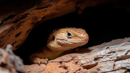 Aufkleber - Close up shot of a knob tailed gecko peeking out from a hollow log, scales visible and eyes forward. The colors are warm earthy tones, with the gecko displaying a mix of brown and yellow hues. The