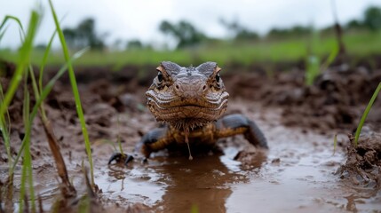 Aufkleber - A striking close-up captures a mud-covered alligator in a shallow pool with the green grass in the backdrop. It is a day scene with an overcast sky, highlighting the textures of the alligator and the