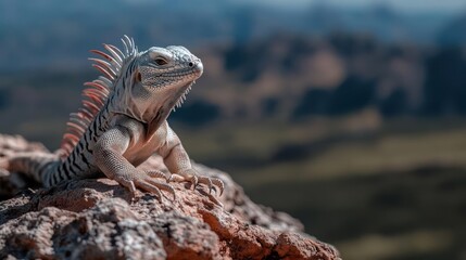 Aufkleber - Close-up of a textured iguana with spiky red crest perched on a rocky outcrop, set against a blurred backdrop of green vegetation and distant hills under a clear blue sky, showcasing its detailed