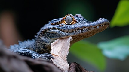 Aufkleber - A close-up captures a juvenile alligator against a vibrant green and dark backdrop, perched on a branch. The alligator's textured skin and piercing eyes are prominently featured, adding depth to the