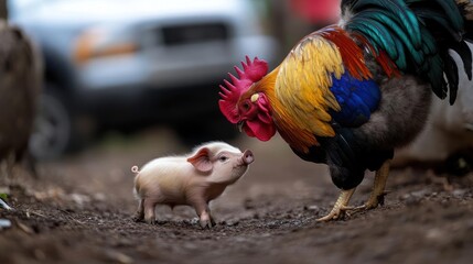 Aufkleber - A charming image featuring a tiny pink piglet curiously gazing at a vibrant rooster in a farm setting. The rooster displays a spectrum of colors, while the background shows a blurry car, adding depth