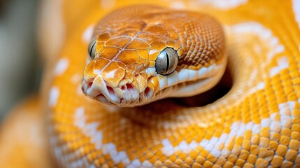 Poster - Close up portrait showcases a coiled yellow python featuring intricate white markings on its scales. The snake's detailed head is captured with precise focus, complemented by a blurred background