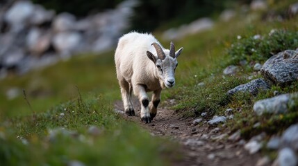 Poster - A mountain goat with thick white fur walks along a narrow, winding path. The path is dirt and rock, surrounded by green grass and foliage. The background is blurred, suggesting a natural, mountainous