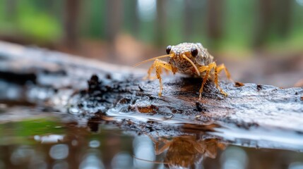 Poster - Close-up of a small, brown crustacean perched on a black, textured log with water droplets, reflecting the creature in the water. The background is out of focus with green and brown tones suggesting