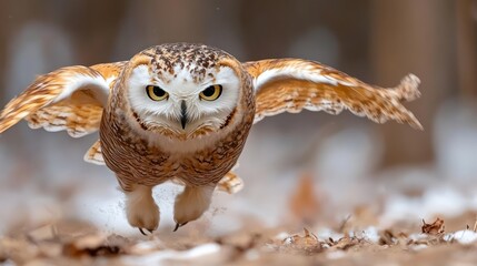 Aufkleber - An owl with brown and white feathers soars through the air, wings spread wide, its sharp gaze fixed forward, against a blurred backdrop of snow-dusted ground and bare trees, shot in soft, natural