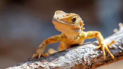 Poster - Close up shot of a brown lizard on a branch. The lizard is in focus, with a blurred background. The lizard's scales and skin texture are visible. The background includes tree and grass. The lizard