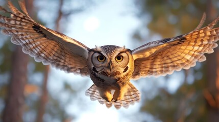 Poster - A close-up shot captures an owl in mid-flight against a blurred forest backdrop. The owl's wings are fully extended, showcasing its plumage detail, lit by golden sunlight creating a striking contrast