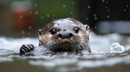 Aufkleber - Close-up shot of an otter swimming in the water, looking directly at the camera. The otter's fur is wet and glossy, with water droplets visible on its face and head. The background is blurred with
