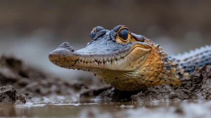 Aufkleber - Eye-level shot of a young caiman partially submerged in muddy water, exhibiting intricate scale patterns, prominent eyes, and natural coloring. The neutral background accentuates the animal's
