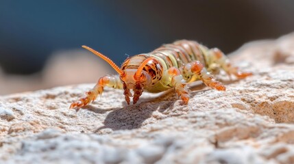 Poster - Close up shot of a vibrant Jerusalem cricket, showcasing its unique yellow and brown striped body and orange head. The insect stands on a textured, light brown rock surface, illuminated by sunlight