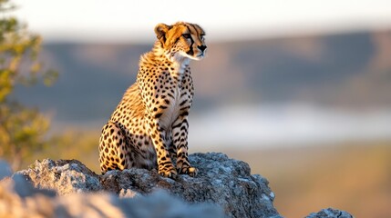 Aufkleber - A cheetah sits majestically atop a rocky outcrop, bathed in the warm light of dusk. The predator's gaze is fixed on the horizon, its spotted coat contrasting with the soft blues and greens of the
