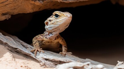 Aufkleber - Close-up shot of a yellow-brownish lizard peering out from a cave. The lizard is in focus, with a slightly blurred background. The lighting is bright, showcasing the lizard's scales and features