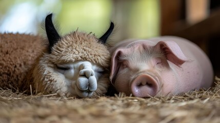Poster - Close-up captures a light brown alpaca with curled fleece and a horn rests next to a pink pig, both nestled on a bed of straw. The animals are indoors, possibly in a barn