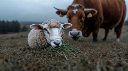 Fototapete - Close-up of a white sheep chewing green grass, with a brown cow standing in the background in a grassy field. The scene is set on a cloudy day, capturing a pastoral moment with focused depth of