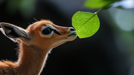 Poster - Close-up shot of a small, brown antelope reaching up to nibble on a bright green leaf. The animal is positioned against a blurred background of dark and light foliage, creating a natural habitat