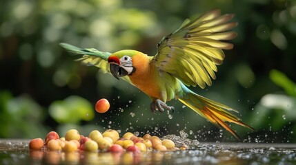 Poster - This shot captures a vibrant macaw mid-flight, wings spread, approaching a pool of water with scattered fruits. The bird's feathers display a gradient of greens, blues, and oranges, creating a