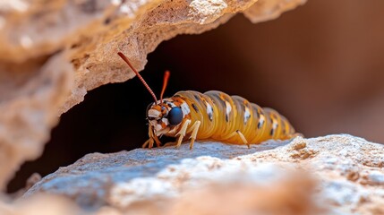 Poster - Close-up shot of a yellow caterpillar featuring black stripes, resting on a textured, white rock formation. The caterpillar is brightly lit, highlighting its segmented body and antennae. The