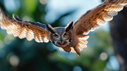Aufkleber - A great horned owl soars with spread wings against a blurred backdrop of green foliage and a blue sky, captured in sharp focus. The owl's brown and white plumage is detailed, set to natural lighting
