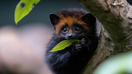 Aufkleber - A wet collared brown lemur sits in a tree, holding and eating a bright green leaf. The lemur has soft, dark black fur and large eyes. Its face is a mix of brown and black, with a reddish tint to the