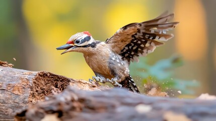 Poster - Captivating close-up captures a brown woodpecker in mid-action, landing on a weathered log with wings spread against a soft, blurred backdrop of greenery and golden hues in forest, conveying energy